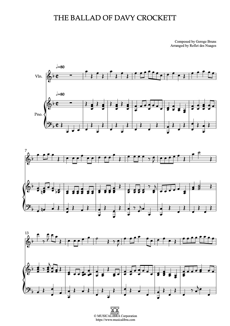 Partitura de The Ballad of Davy Crockett arreglada para dueto de violín y piano