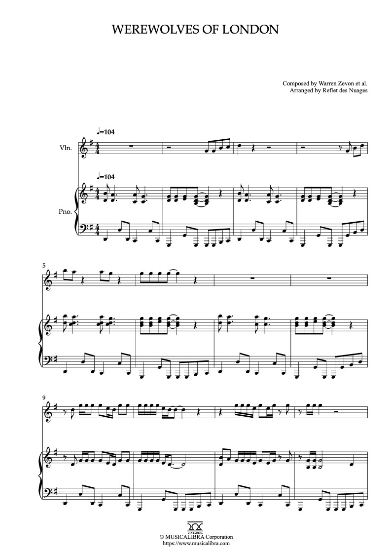 Sheet music of Warren Zevon Werewolves of London arranged for violin and piano duet chamber ensemble preview page 1