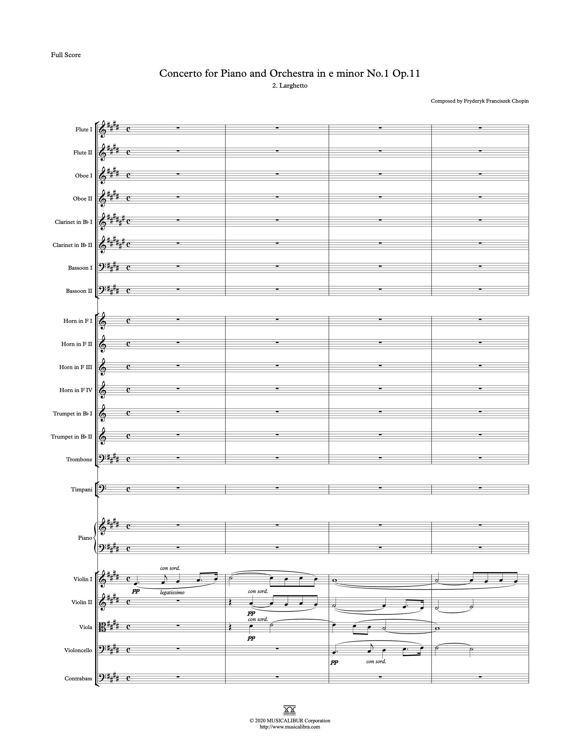 Newly notated orchestra score of Chopin's Concerto for Piano and Orchestra in e minor Op. 11, No. 1, 2nd Movement, Larghetto preview page 1
