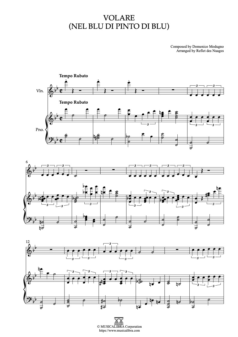 Partitura de Gipsy Kings Volare arreglada para dueto de violín y piano