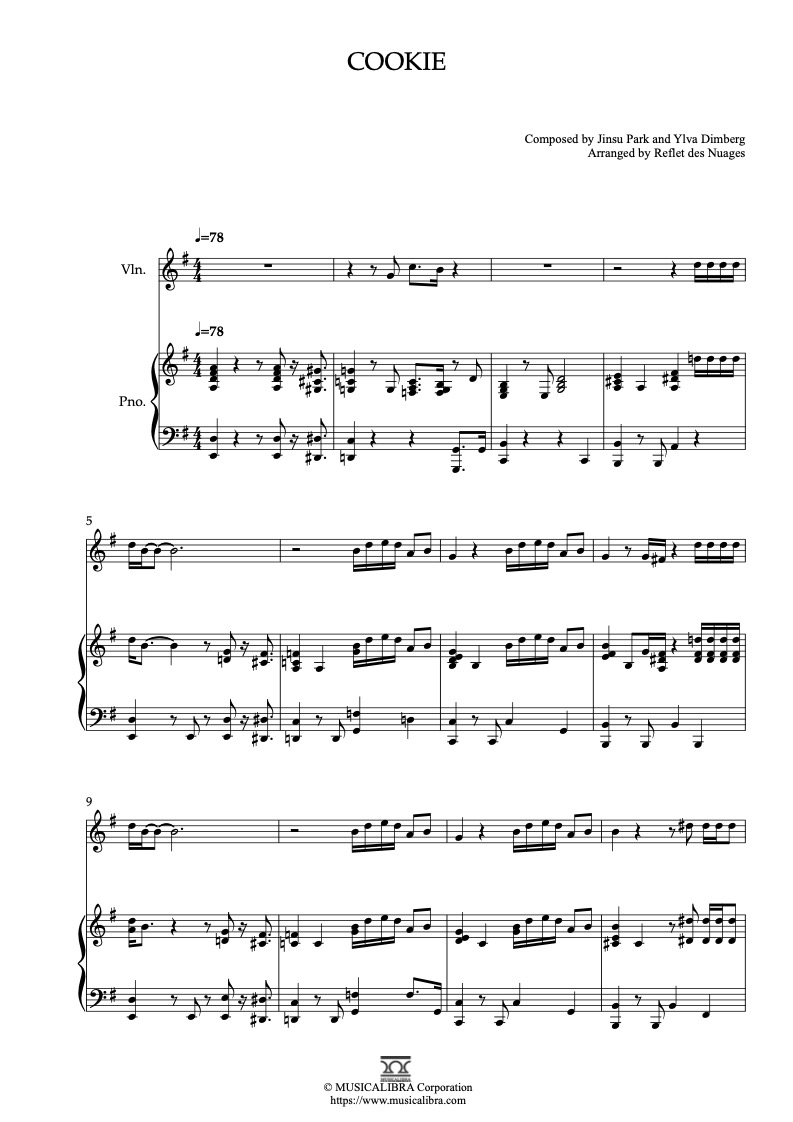 Sheet music of NewJeans Cookie arranged for violin and piano duet chamber ensemble preview page 1