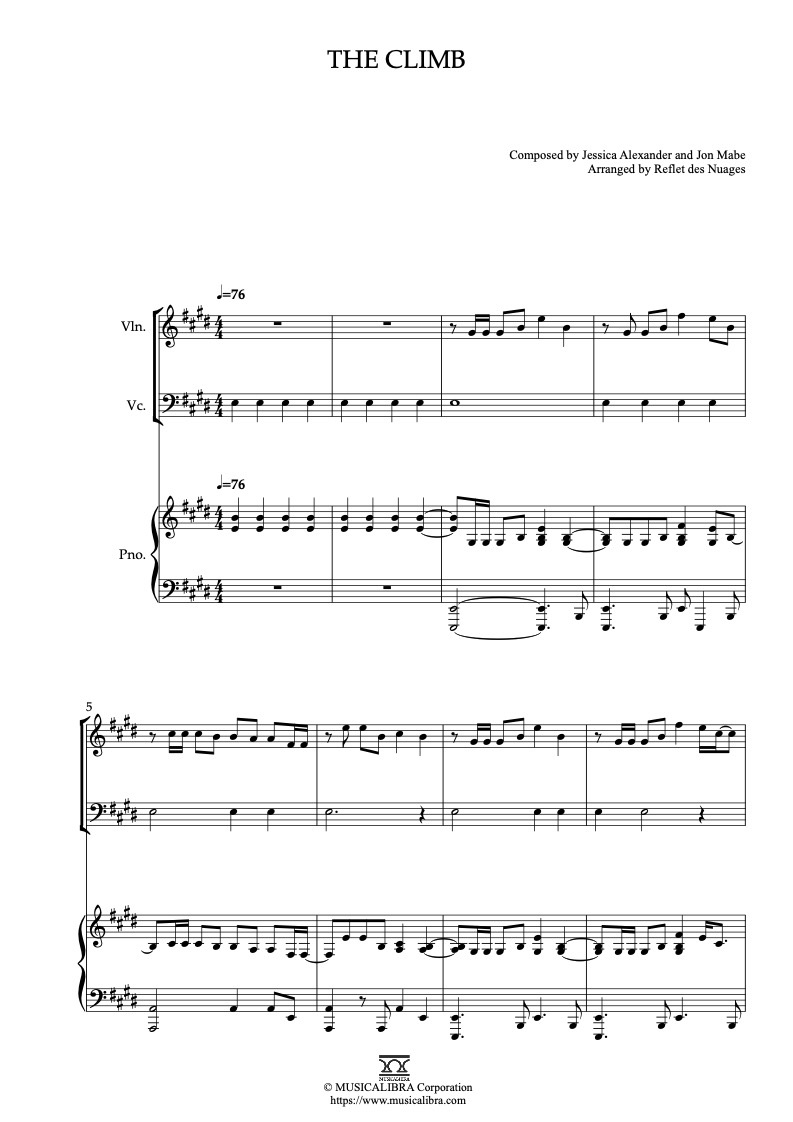 Partitura de Miley Cyrus The Climb arreglada para trío de violín, violonchelo y piano