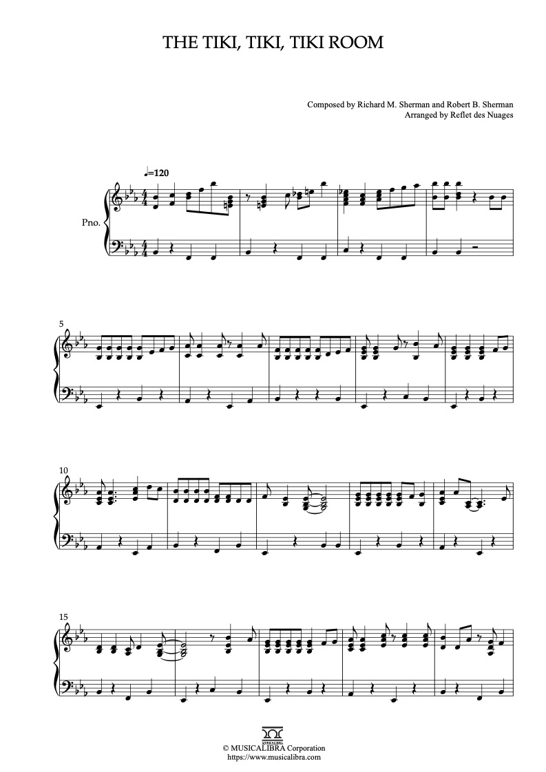 Partitura de The Tiki, Tiki, Tiki Room arreglada para piano solo