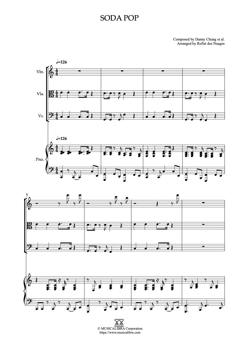 Sheet music of KPop Demon Hunters Soda Pop arranged for violin, viola, cello and piano quartet chamber ensemble preview page 1