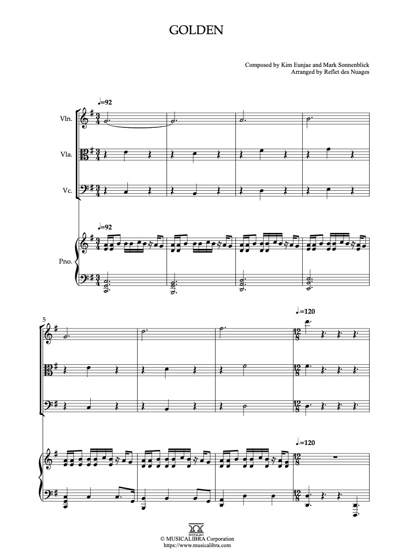KPop Demon Hunters Golden 四重奏 乐谱 - 小提琴, 中提琴, 大提琴, 钢琴