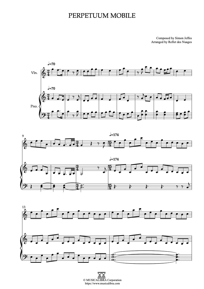 Partitura de Mary & Max Perpetuum Mobile arreglada para dueto de violín y piano