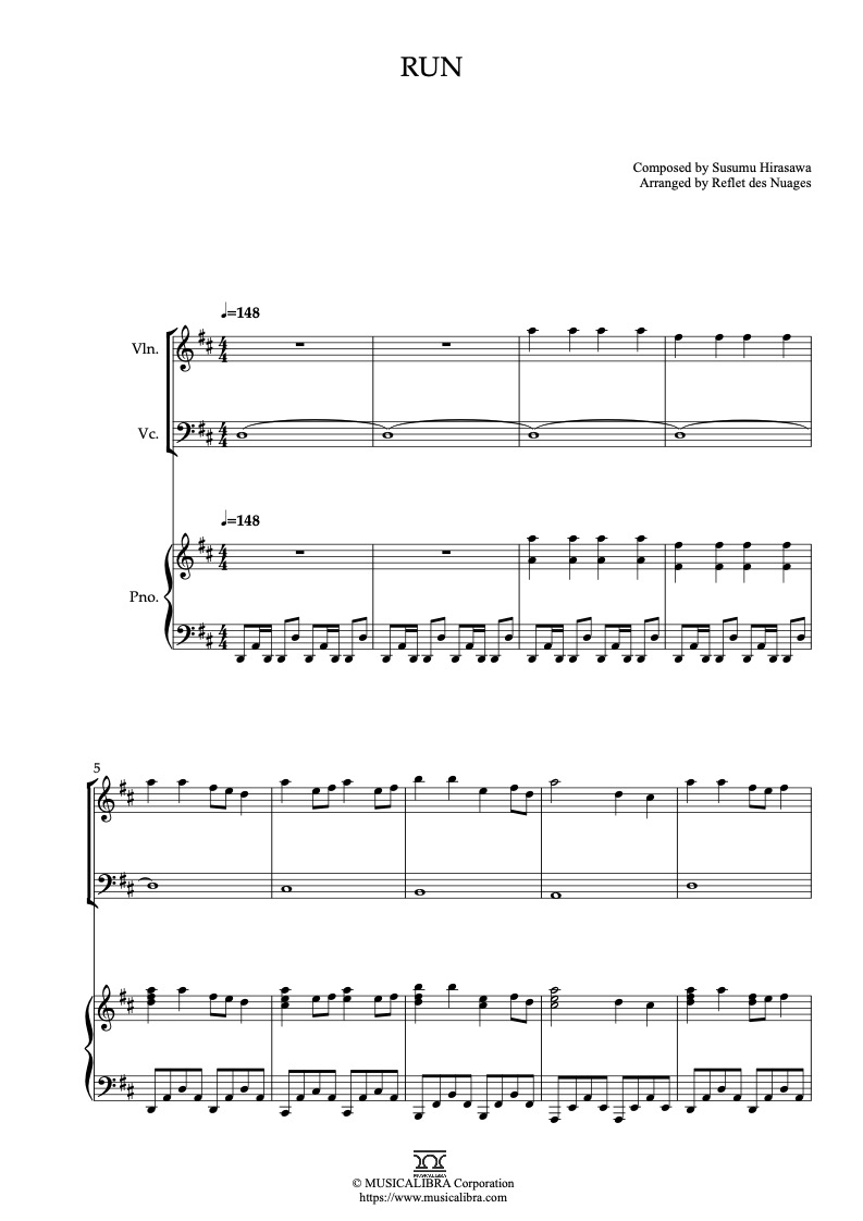 Sheet music of Millennium Actress Run arranged for violin, cello and piano trio chamber ensemble preview page 1