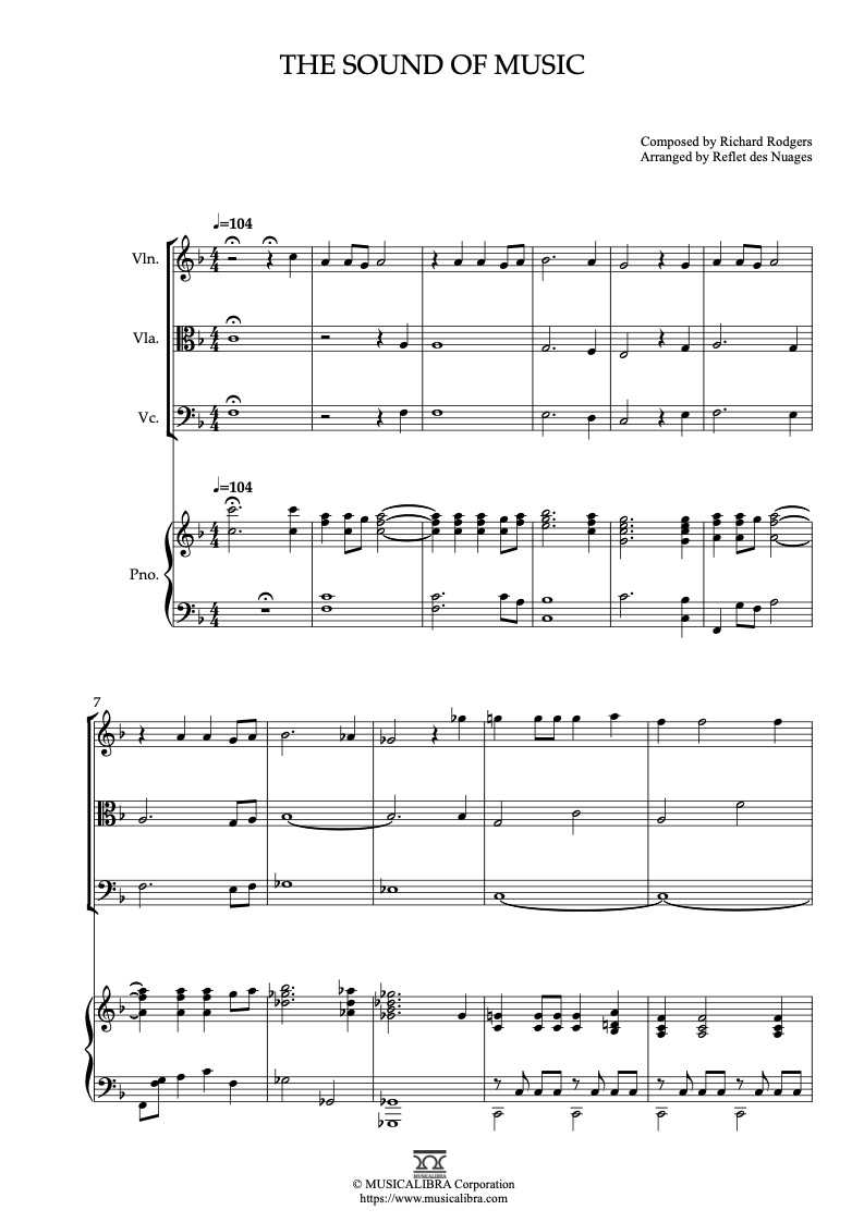 Partitura de The Sound of Music arreglada para cuarteto de violín, viola, violonchelo y piano