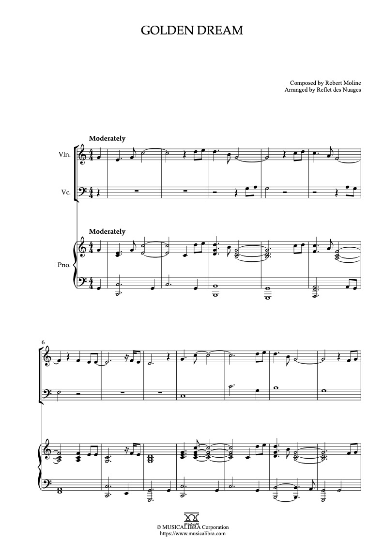 Partitura de Golden Dream arreglada para trío de violín, violonchelo y piano