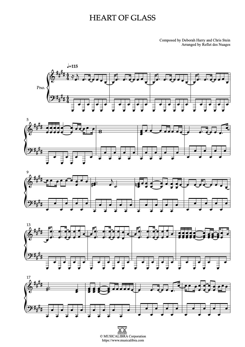 Partitura de Blondie Heart of Glass arreglada para piano solo