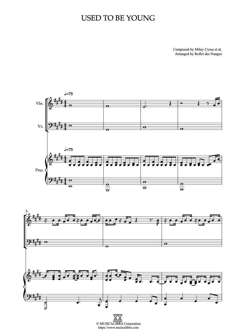 Partitura de Miley Cyrus Used to Be Young arreglada para trío de violín, violonchelo y piano