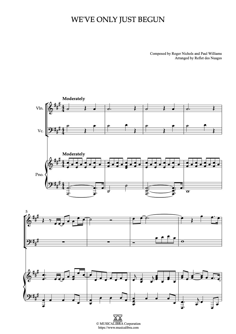Sheet music of Carpenters We've Only Just Begun arranged for violin, cello and piano trio chamber ensemble preview page 1