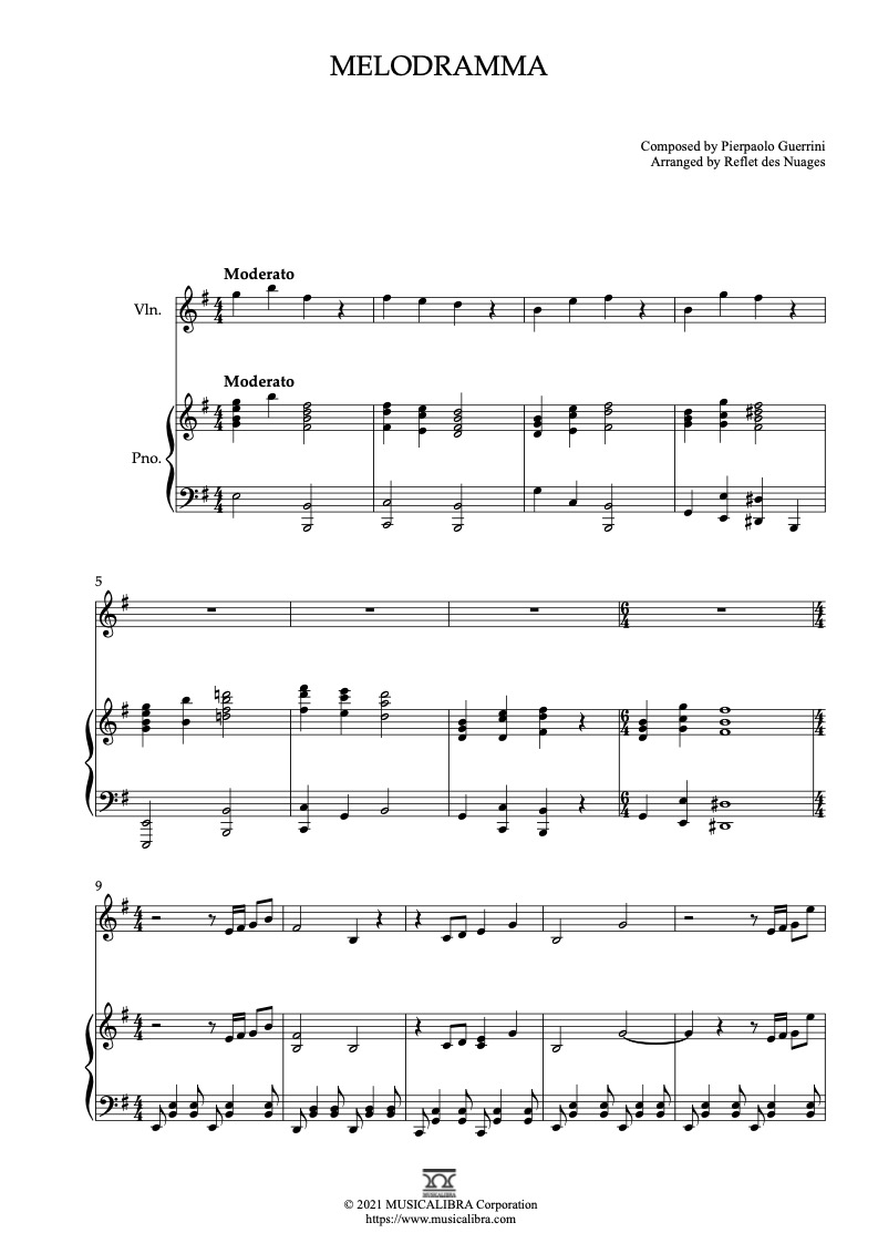 Sheet music of Melodramma arranged for violin and piano duet preview page 1
