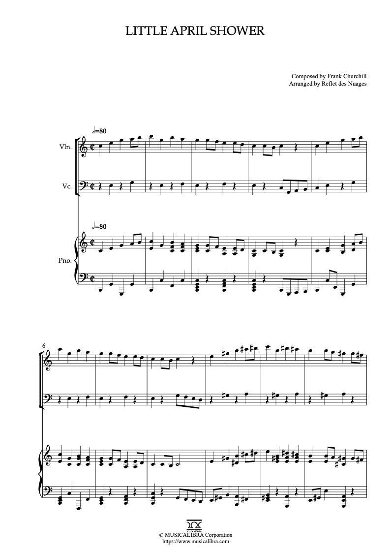 Sheet music of Bambi Little April Shower arranged for violin, cello and piano trio chamber ensemble preview page 1