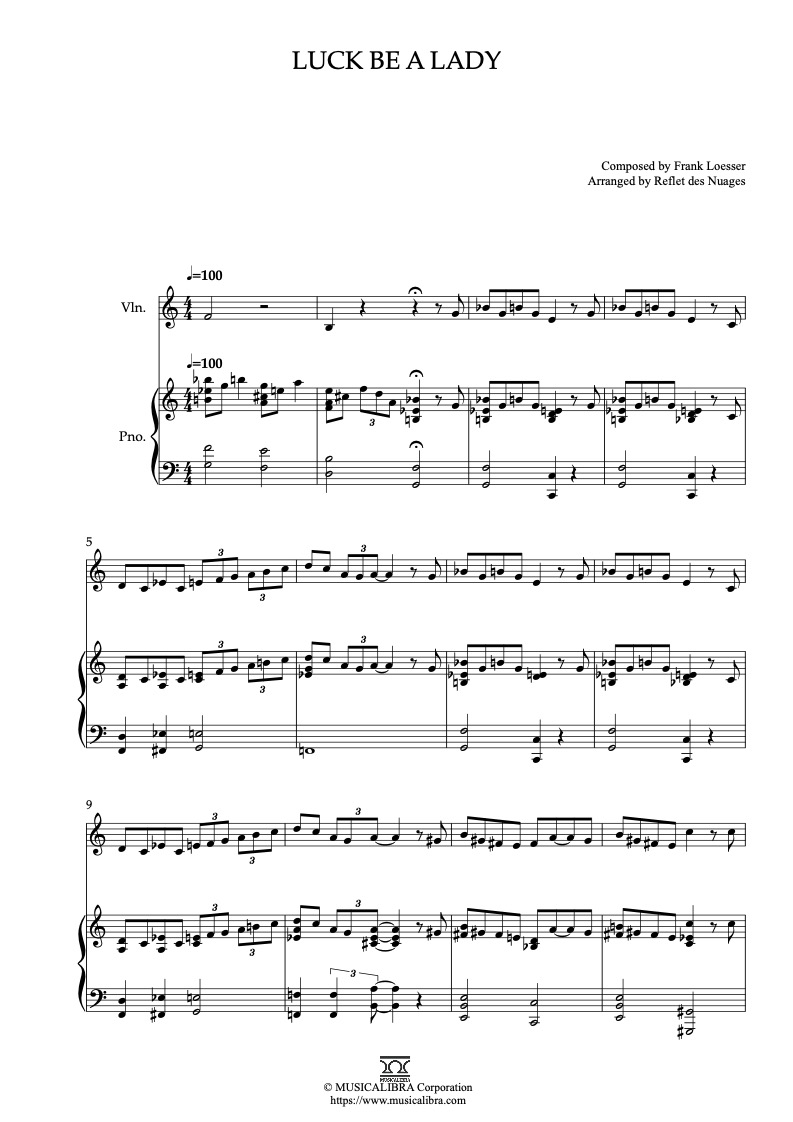 Sheet music of Guys and Dolls Luck Be a Lady arranged for violin and piano duet preview page 1