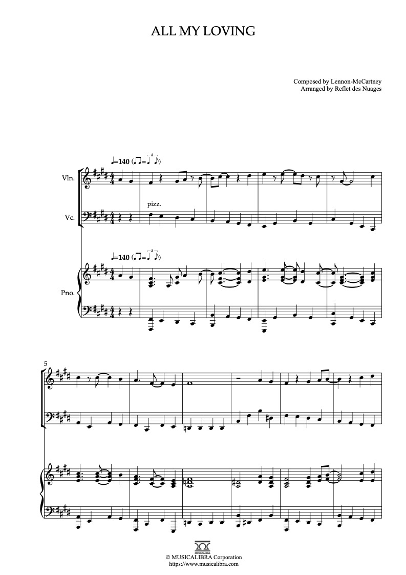 The Beatles All My Loving 編曲楽譜 - ヴァイオリン、チェロ、ピアノトリオ