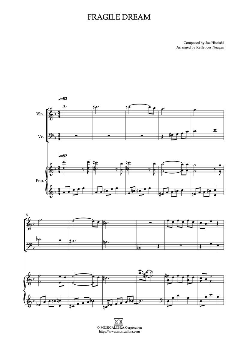 Sheet music of Joe Hisaishi Fragile Dream arranged for violin, cello and piano trio chamber ensemble preview page 1
