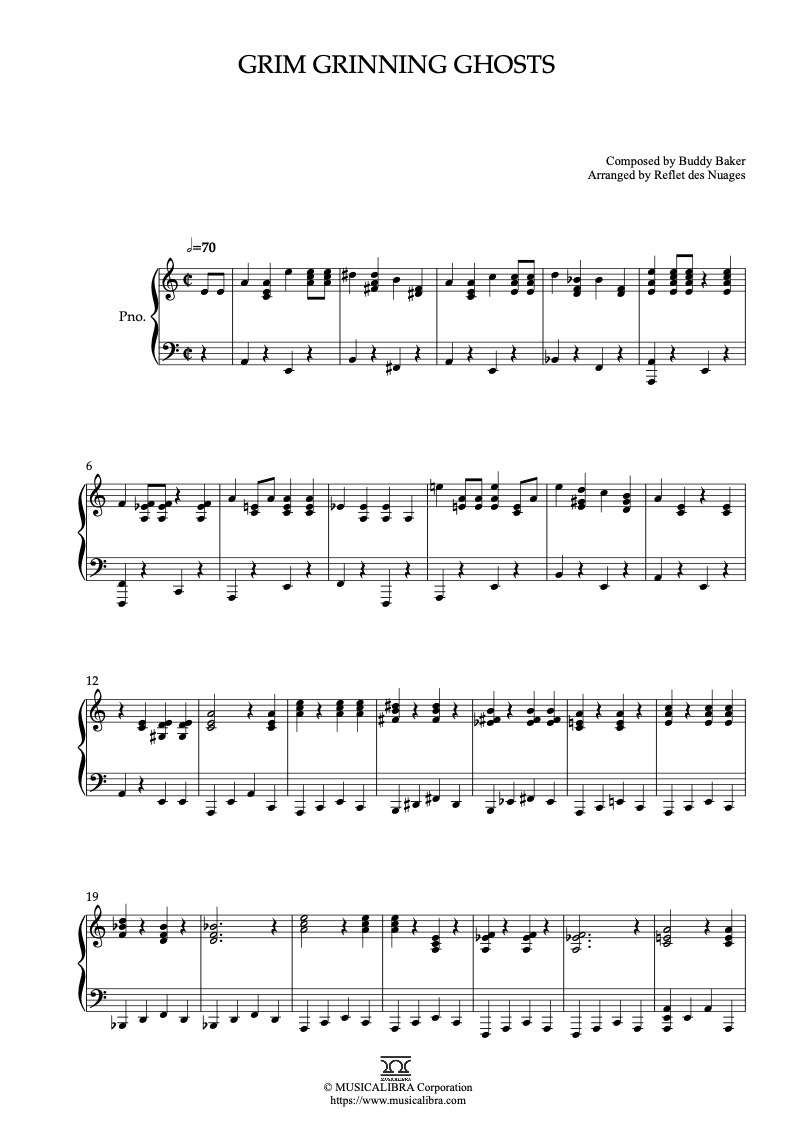 Partitura de Grim Grinning Ghosts arreglada para piano solo