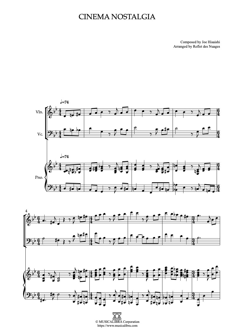 Partitura de Joe Hisaishi Cinema Nostalgia arreglada para trío de violín, violonchelo y piano