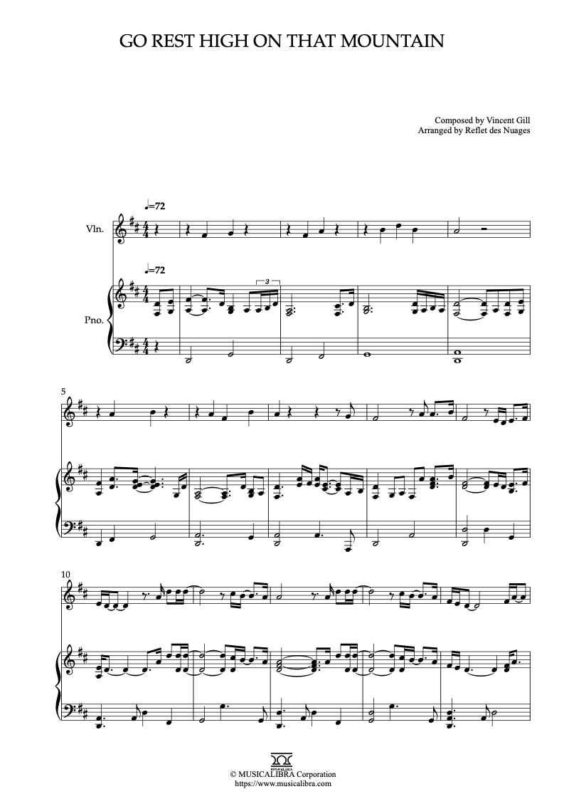 Sheet music of Go Rest High on That Mountain arranged for violin and piano duet chamber ensemble preview page 1