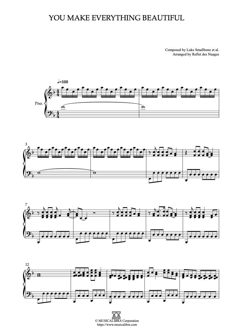 Partitura de You Make Everything Beautiful arreglada para piano solo