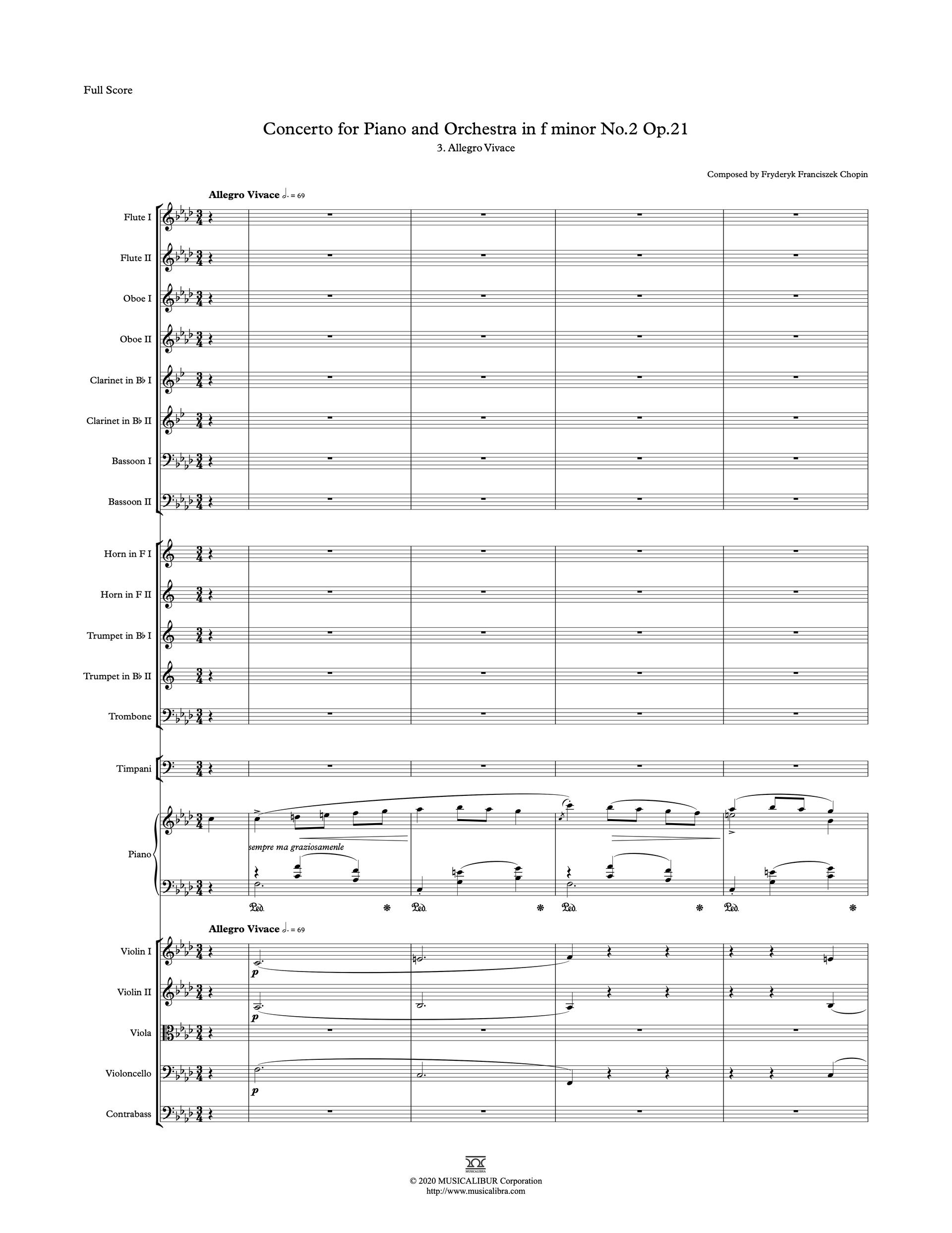 Newly notated orchestra score of Chopin's Concerto for Piano and Orchestra in f minor Op. 21, No. 3, 3rd Movement, Allegro Vivace preview page 1