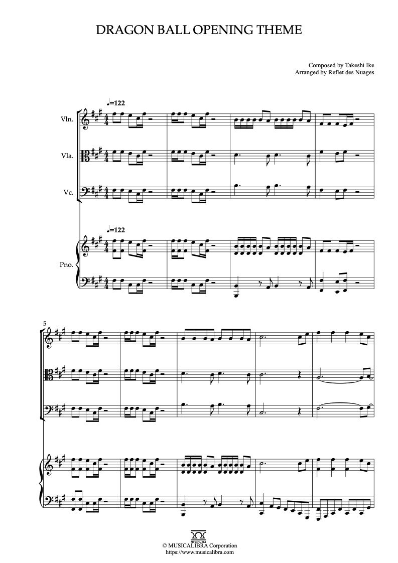 Sheet music of Dragon Ball Opening Theme arranged for violin, viola, cello and piano quartet chamber ensemble preview page 1
