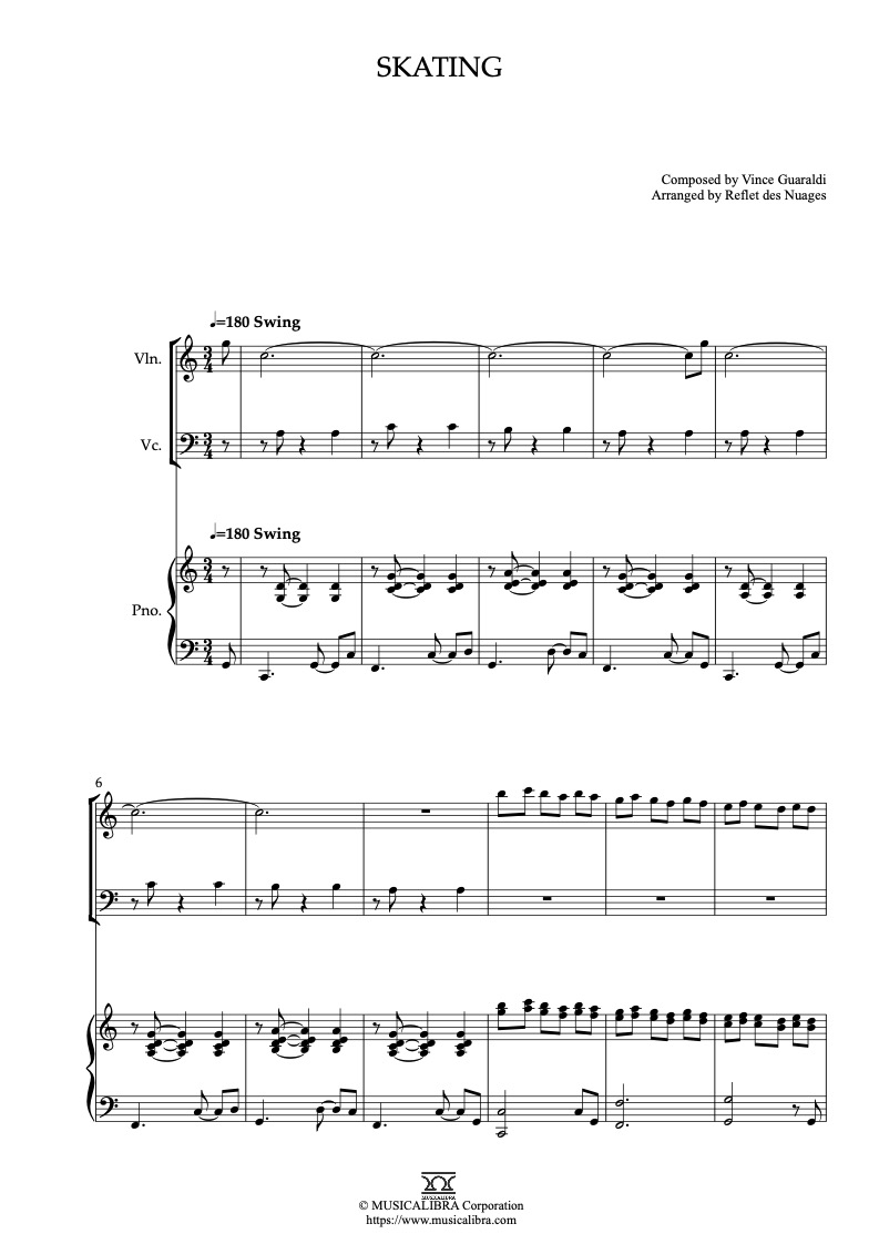 Sheet music of Vince Guaraldi Skating arranged for violin, cello and piano trio chamber ensemble preview page 1