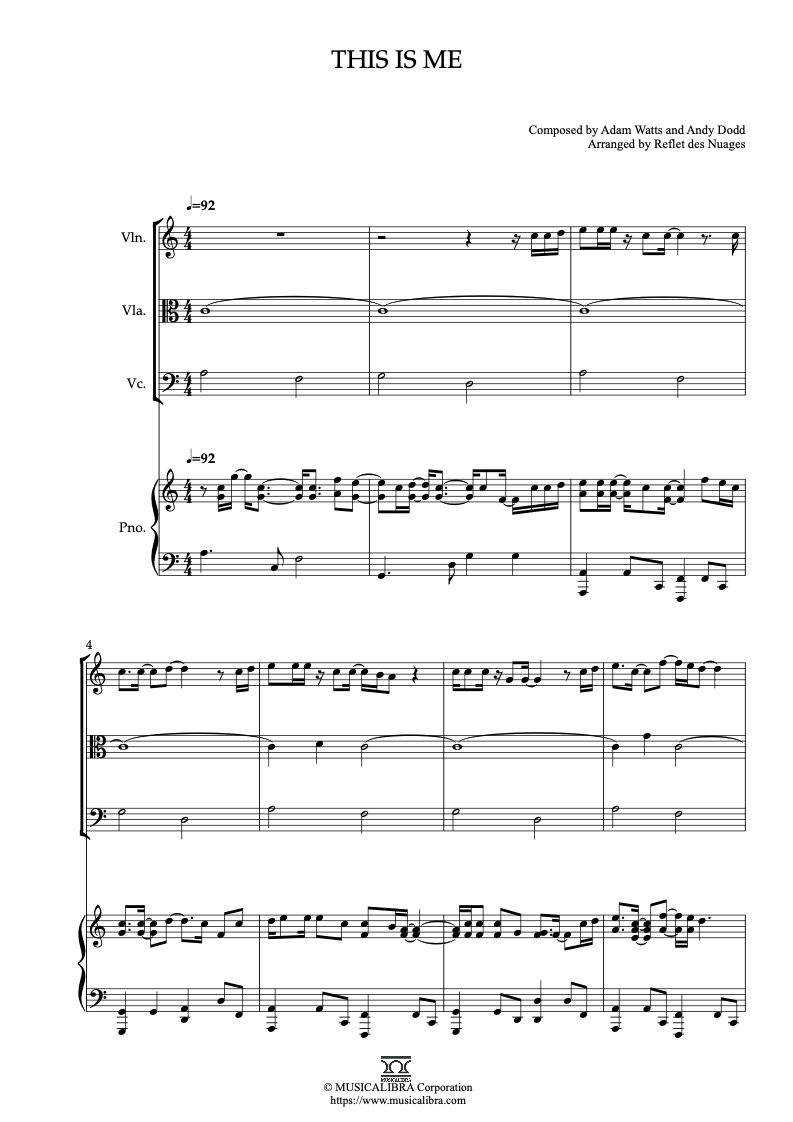 Sheet music of The Camp Rock This Is Me arranged for violin, viola, cello and piano quartet chamber ensemble preview page 1