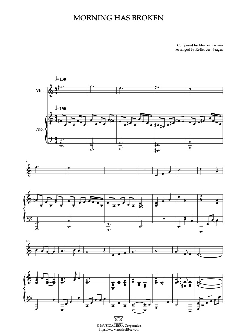 Cat Stevens Morning Has Broken 二重奏 乐谱 - 小提琴, 钢琴