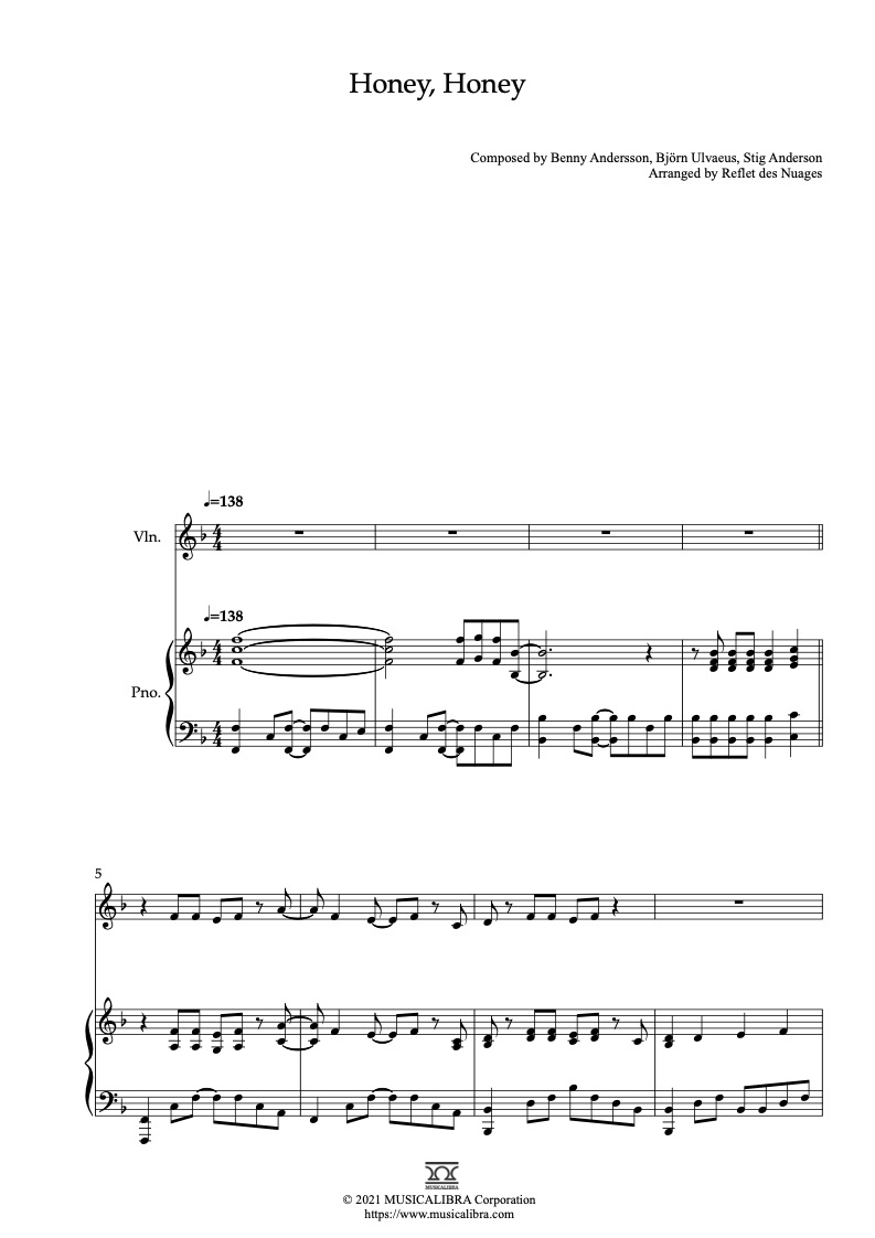 Sheet music of ABBA Honey, Honey arranged for violin and piano duet chamber ensemble preview page 1