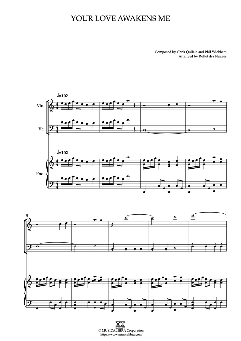 Phil Wickham Your Love Awakens Me 編曲楽譜 - ヴァイオリン、チェロ、ピアノトリオ