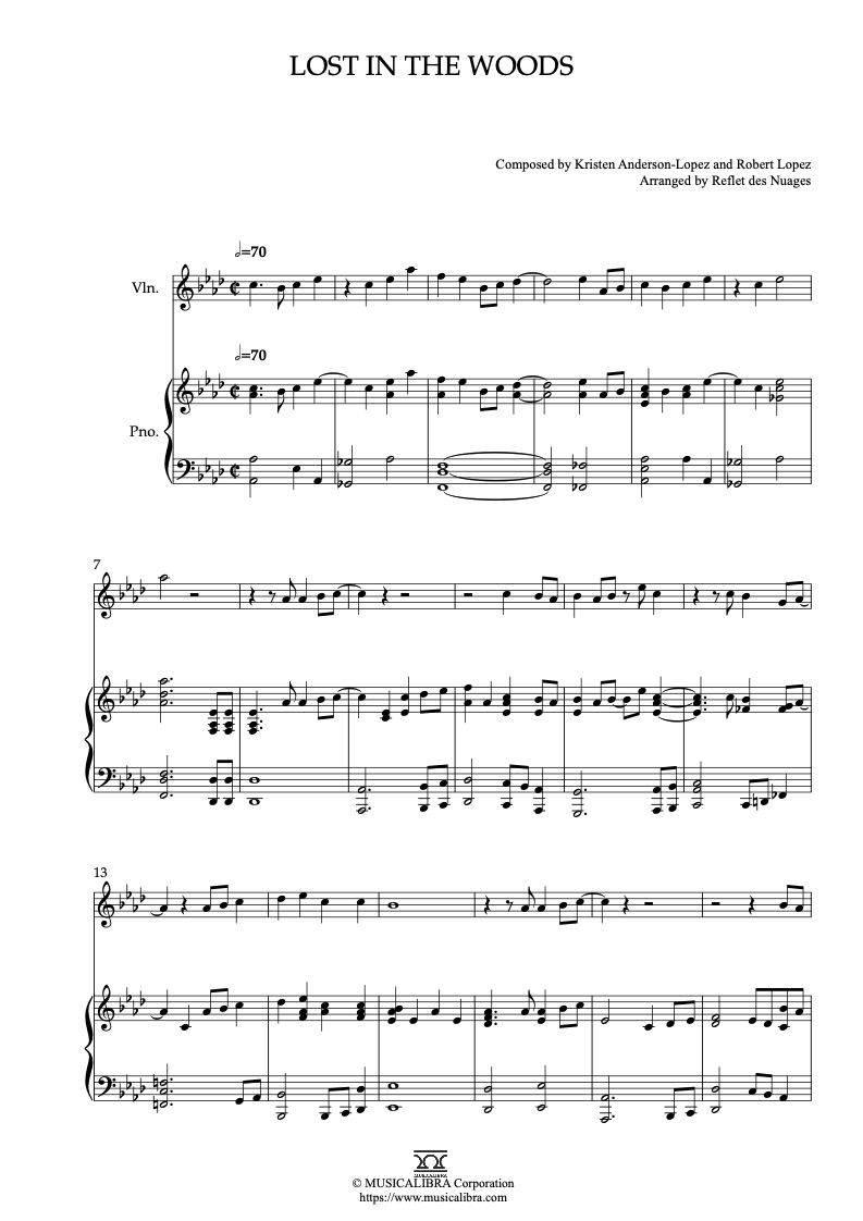 Partitura de Frozen 2 Lost in the Woods arreglada para dueto de violín y piano