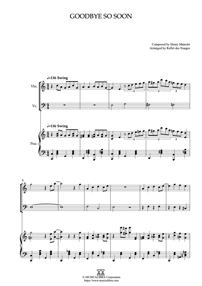 Sheet music of The Great Mouse Detective Goodbye So Soon arranged for violin, cello and piano trio chamber ensemble preview page 1