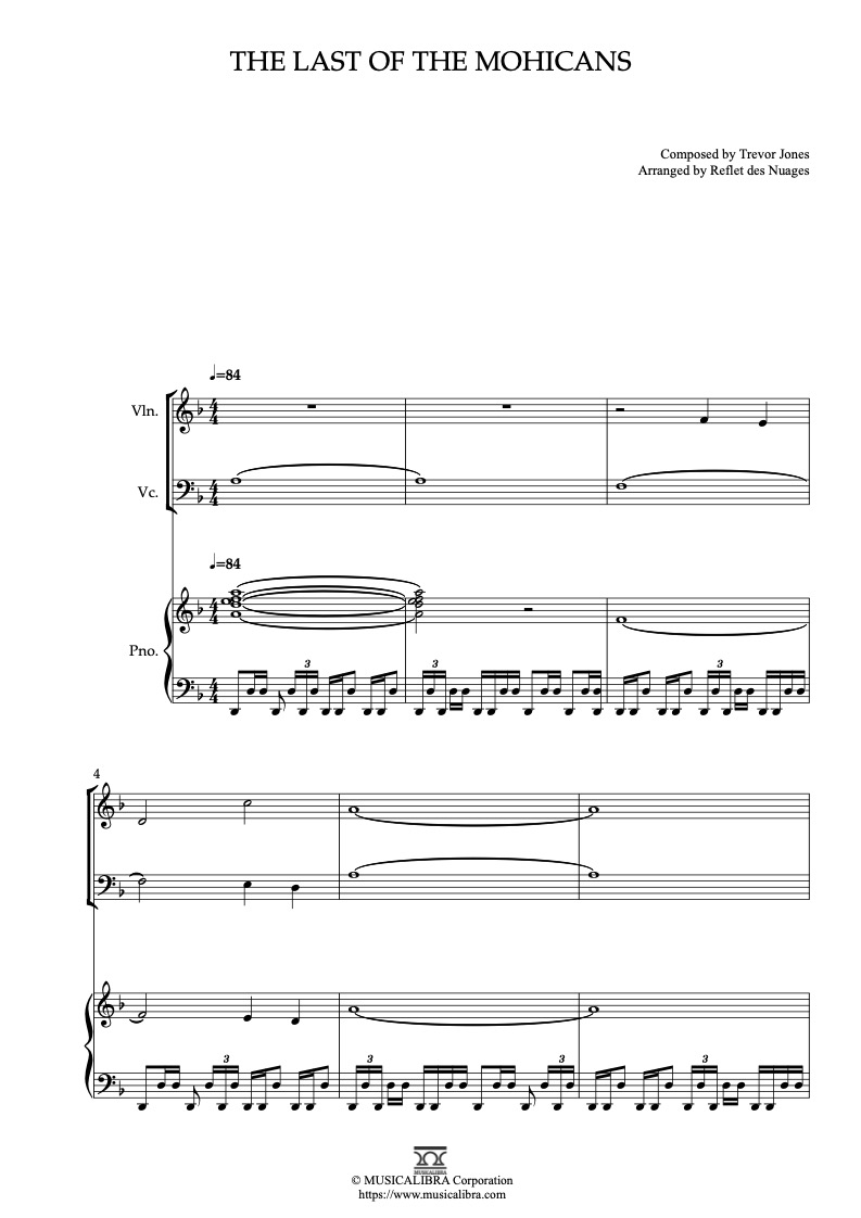 Sheet music of The Last of the Mohicans arranged for violin, cello and piano trio chamber ensemble preview page 1