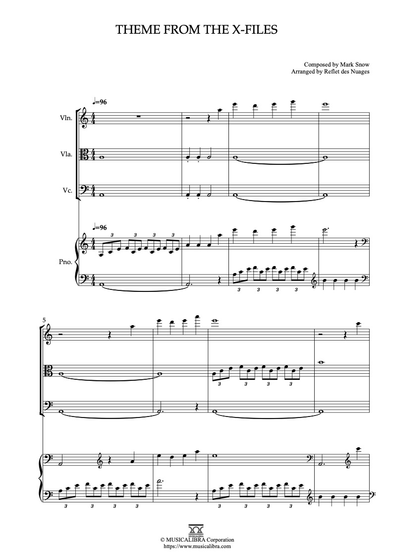 Partitura de Theme From the X-Files arreglada para cuarteto de violín, viola, violonchelo y piano