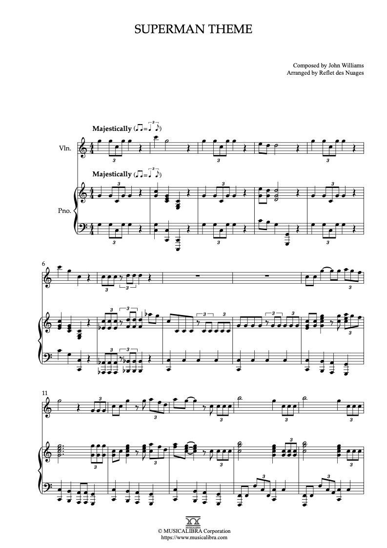 Partitura de Superman Theme arreglada para dueto de violín y piano