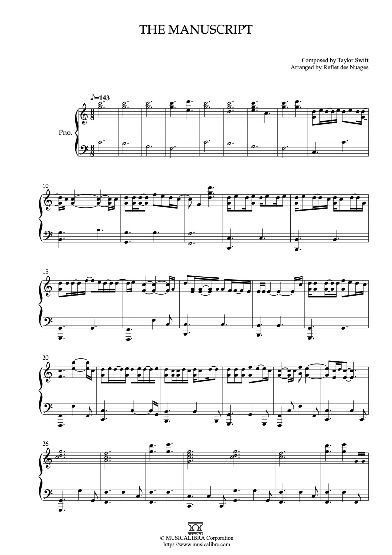 Sheet music of Taylor Swift The Manuscript arranged for piano solo preview page 1