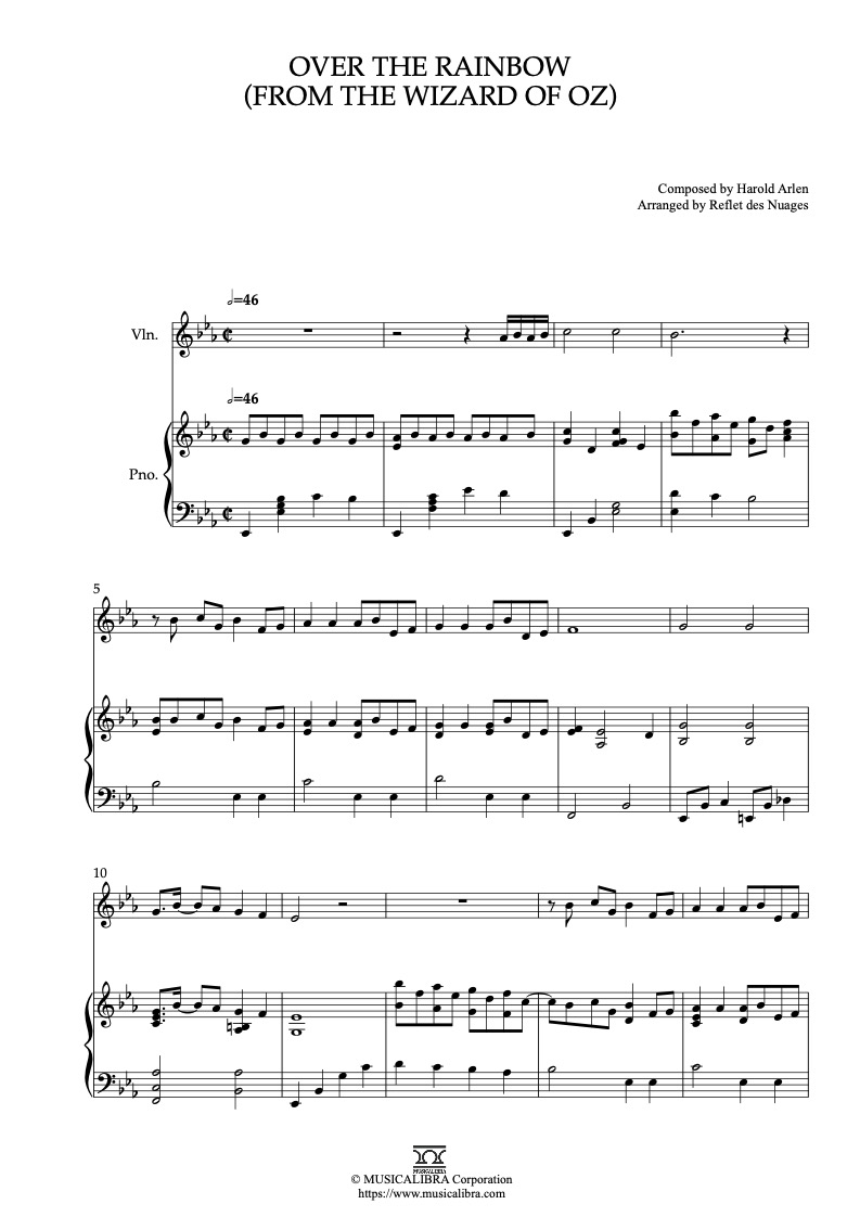 Partitura de The Wizard of Oz Over the Rainbow arreglada para dueto de violín y piano