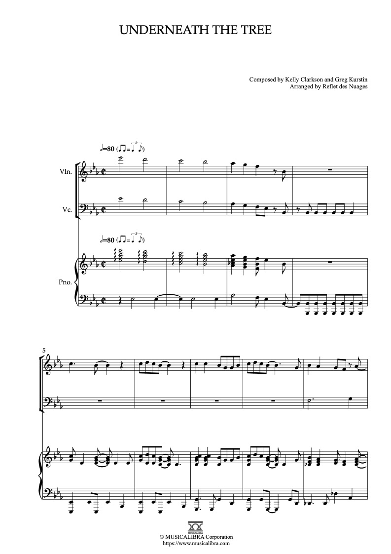 Sheet music of Kelly Clarkson Underneath the Tree arranged for violin, cello and piano trio chamber ensemble preview page 1