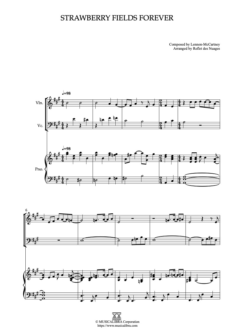 The Beatles Strawberry Fields Forever 編曲楽譜 - ヴァイオリン、チェロ、ピアノトリオ