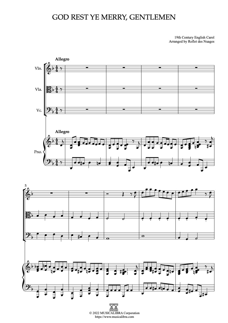 God Rest Ye Merry, Gentlemen 編曲楽譜 - ヴァイオリン、ビオラ、チェロ、ピアノ 室内楽 アンサンブル