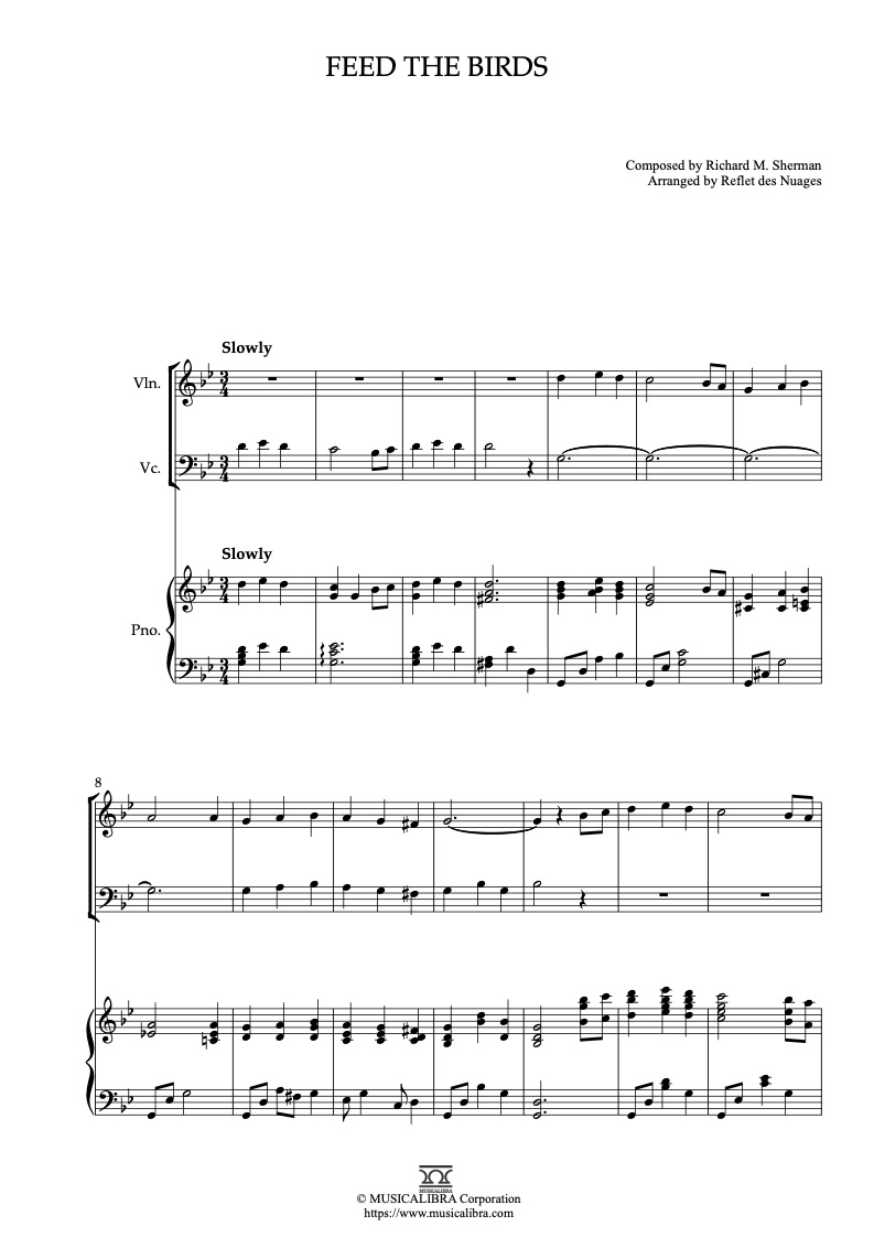 Partitura de mary poppins Theme Feed the Birds arreglada para trío de violín, violonchelo y piano