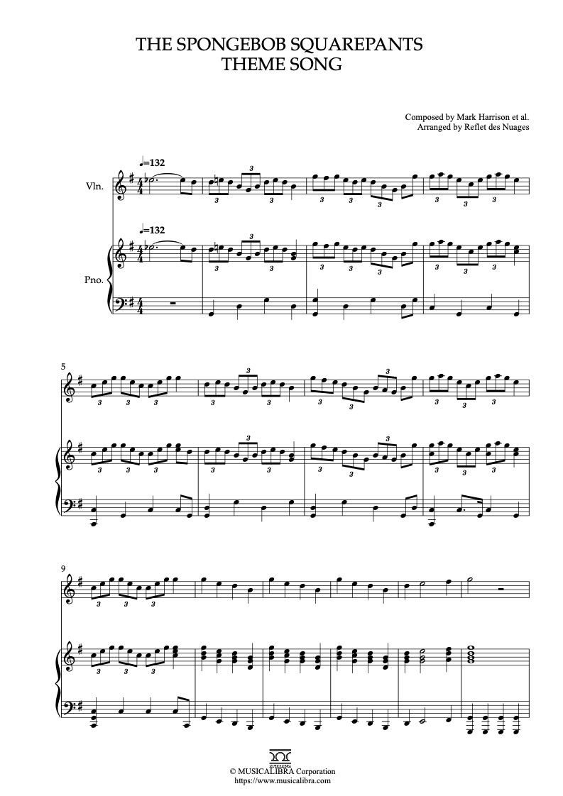 Partitura de The SpongeBob SquarePants Theme Song arreglada para dueto de violín y piano