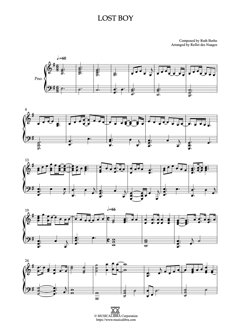 Partitura de Ruth B Lost Boy arreglada para piano solo