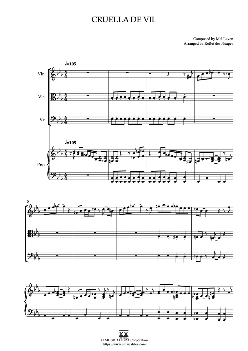 Sheet music of 101 Dalmatians Cruella de Vil arranged for violin, viola, cello and piano quartet chamber ensemble preview page 1