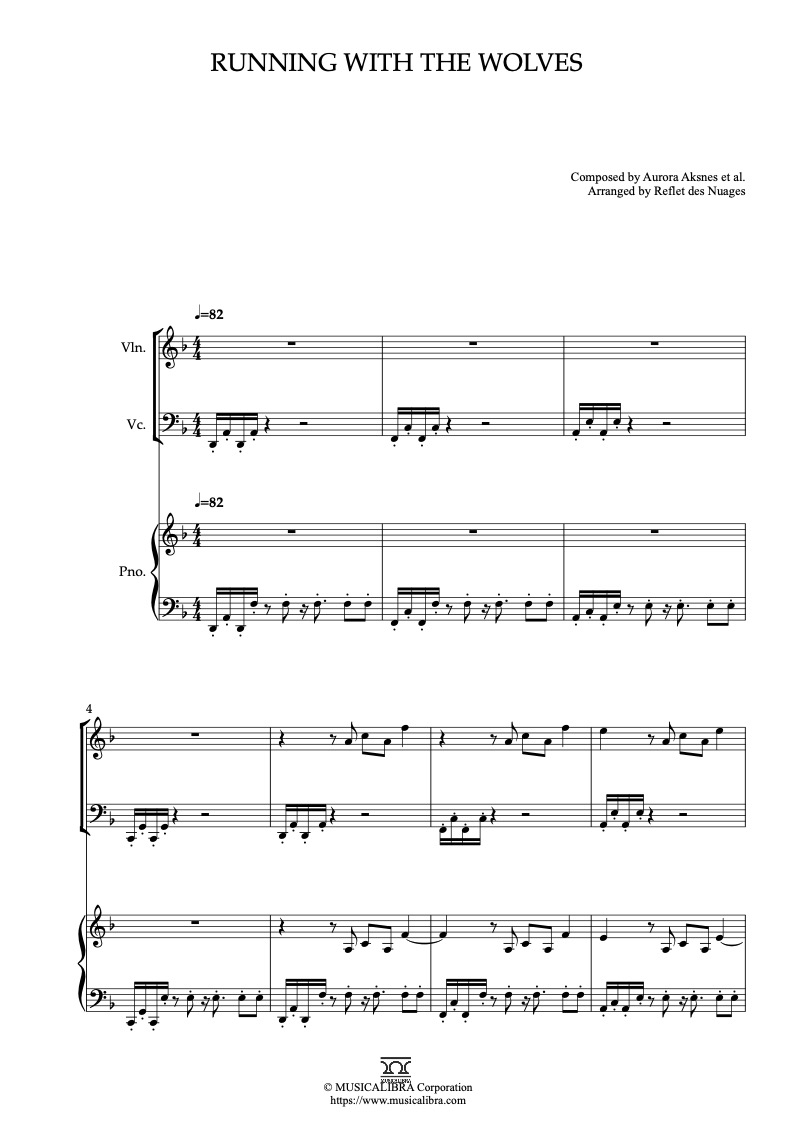 WolkWalkers Running With the Wolves 編曲楽譜 - ヴァイオリン、チェロ、ピアノトリオ