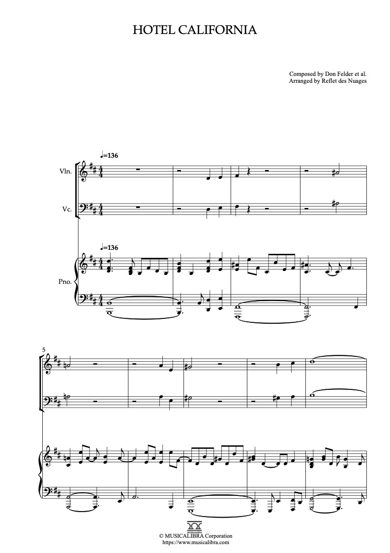 Partitura de Eagles Hotel California arreglada para trío de violín, violonchelo y piano