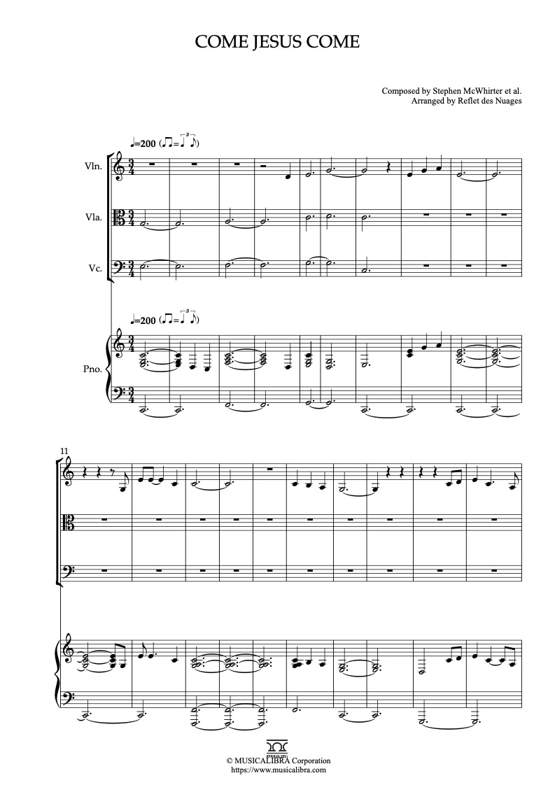 Partitura de Come Jesus Come arreglada para cuarteto de violín, viola, violonchelo y piano