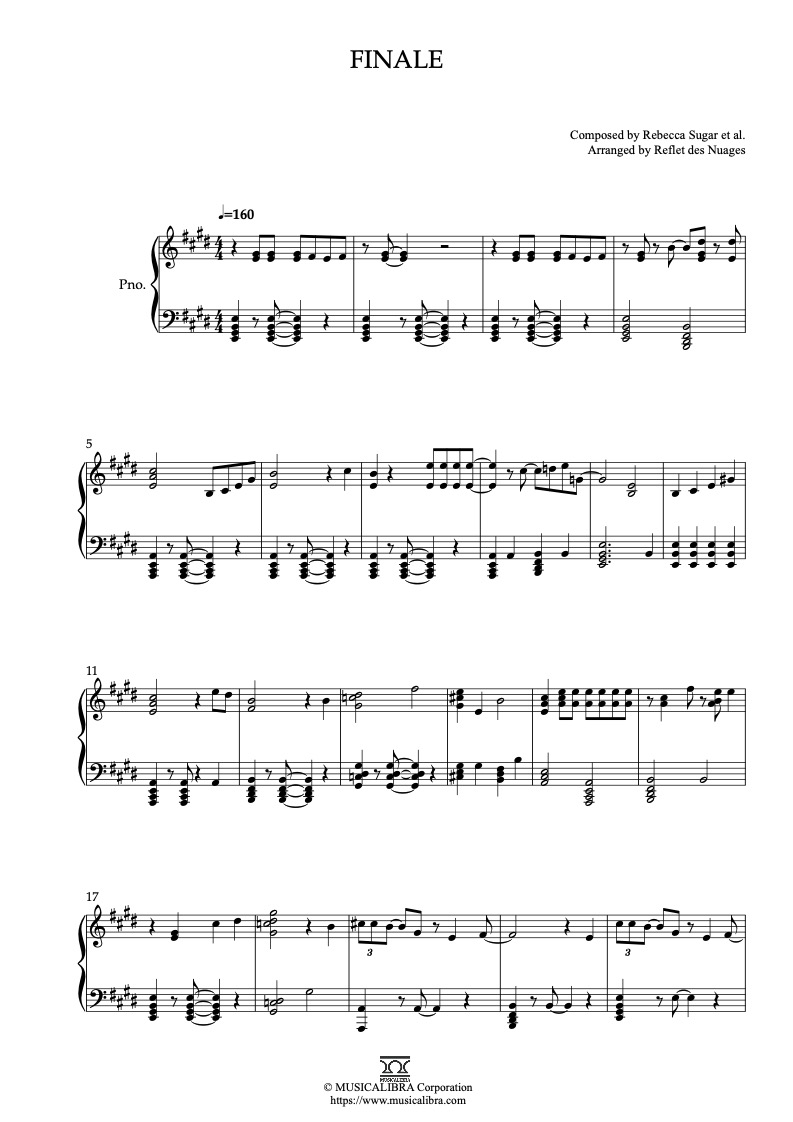 Sheet music of Steven Universe Finale arranged for piano solo preview page 1